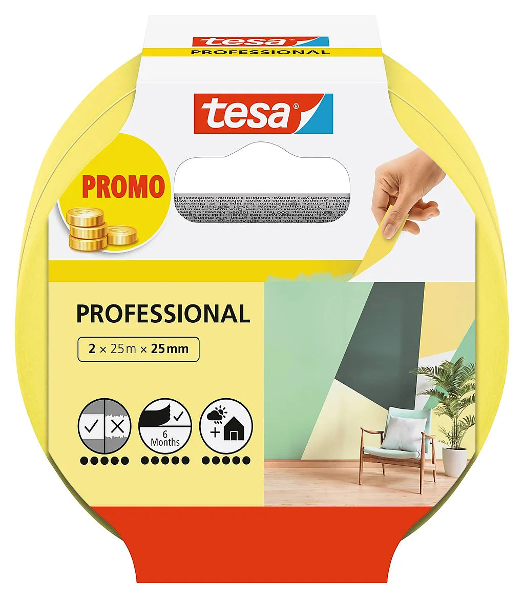 MALERTAPE 25MX25MM 2PK GUL PROFESSIONAL INNENDØRS 2-PAKNI